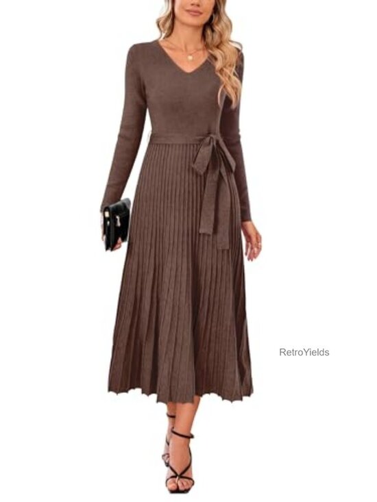 Dresses & Skirts - Wool Blend Long Sleeve V-Neck Midi Sweater Dress Tie Waist A-Line